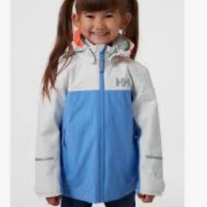 Helly Hansen jacket in light blue and gray. Includes a hood and front zipper. Fe